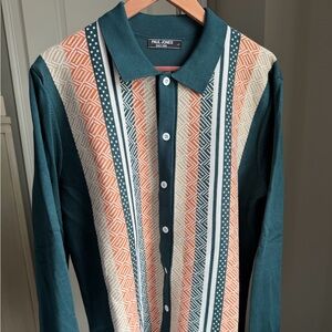 Paul Jones Men's Green and Orange Geometric Long Sleeve Polo Shirt